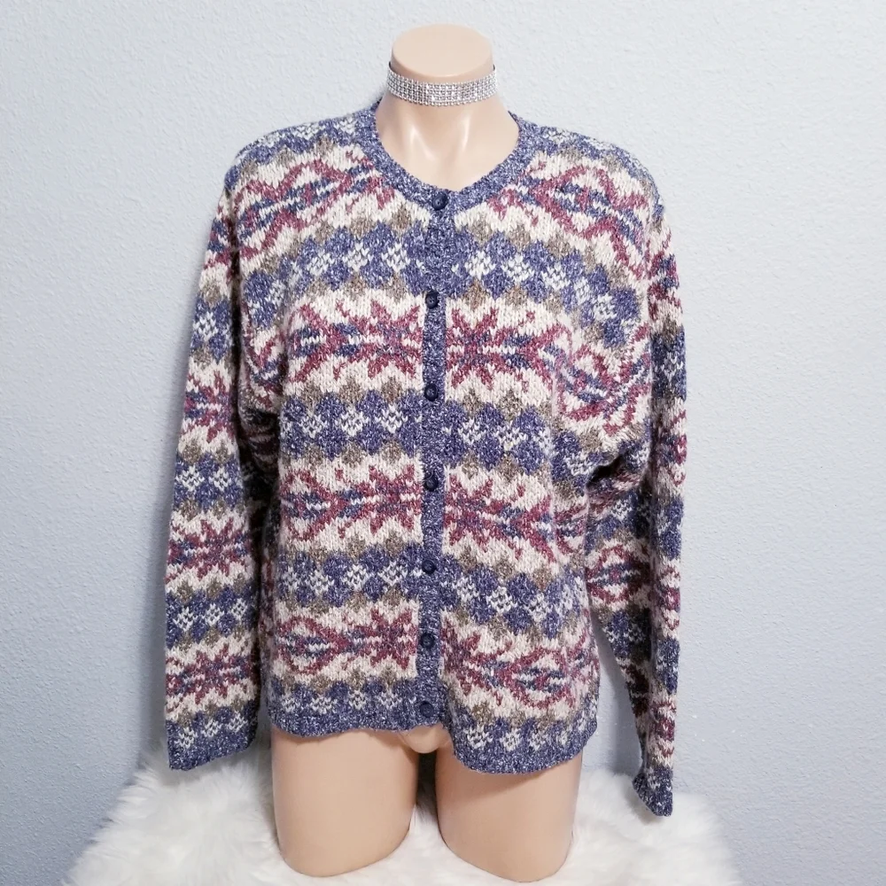 Vintage 80's retro wool Grannycore print mom cardigan button sweater LARGE - Picture 1 of 6